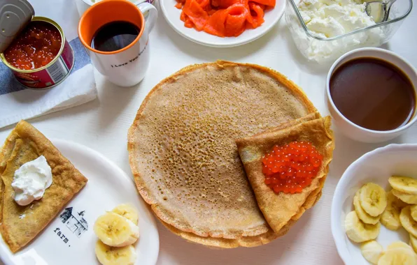 Chocolate, bananas, pancakes, caviar, sour cream