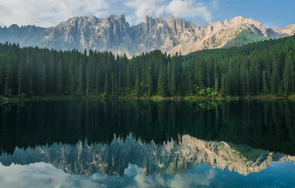 Forest, the sky, clouds, mountains, lake, reflection, rocks, shore