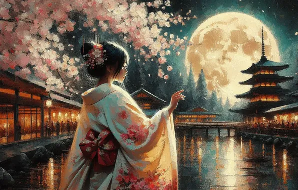 Girl, flowers, night, branches, the moon, spring, Sakura, Asia