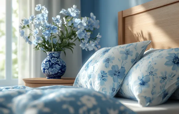 Picture light, flowers, comfort, room, blue, furniture, bed, home