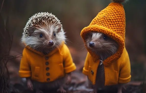 Hood, hedgehog, a couple, coat, cap, hedgehog, hedgehogs, digital art