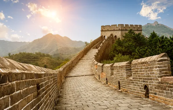 Picture forest, the sky, the sun, clouds, trees, mountains, China, The great wall of China