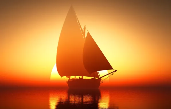 Sea, the sun, sunrise, ship, sailboat, horizon, glow