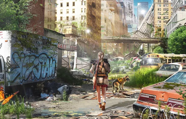 Picture Girl, Dog, The city, Machine, Machine, Destruction, Concept Art, Pavel Bondarenko