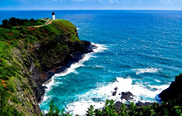 Wave, stones, rocks, lighthouse, Sea, Hawaii, panorama, sea