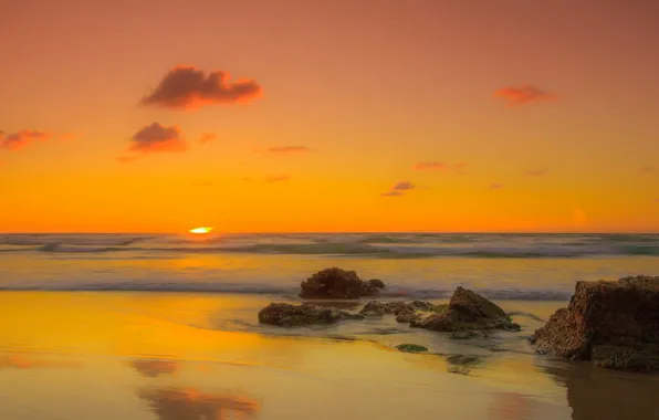 Beach, summer, the sun, landscape, stones, the ocean, dawn, shore