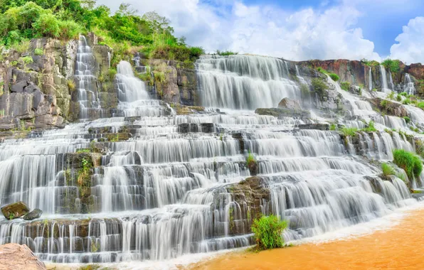Greens, the sky, grass, the sun, clouds, stones, rocks, waterfall