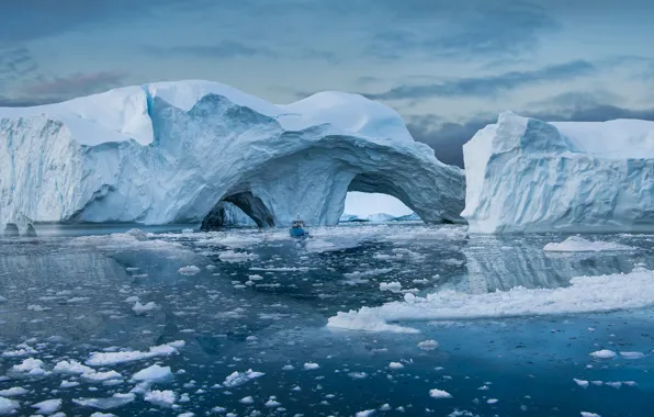 Winter, snow, ship, ice, glacier, iceberg, ice, pond