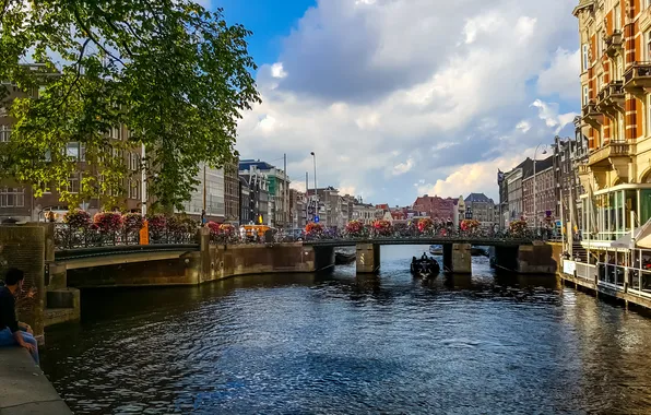 Picture bridge, people, building, Amsterdam, Netherlands, Holland, water channel