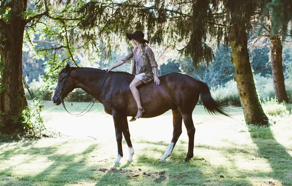 Girl, trees, horse, blonde, sitting