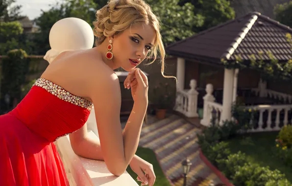 Look, girl, decoration, earrings, makeup, hairstyle, red dress