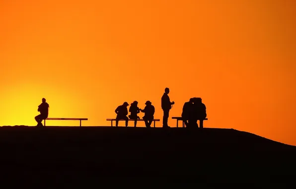 The sky, sunset, people, bench, the conversation