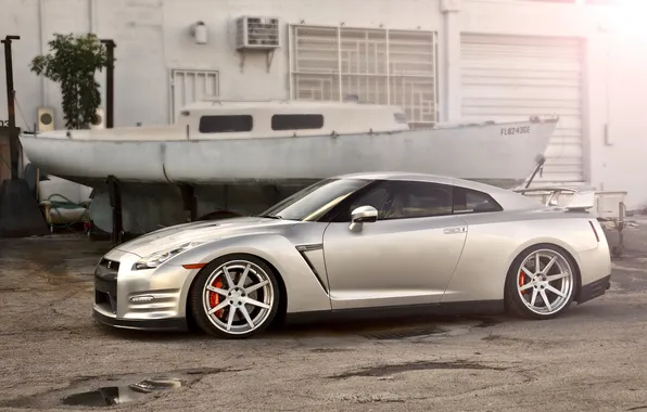 Picture boat, the building, silver, nissan, profile, drives, Nissan, gtr