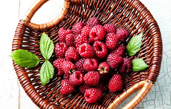 Picture berries, raspberry, basket, leaves, berries, raspberry