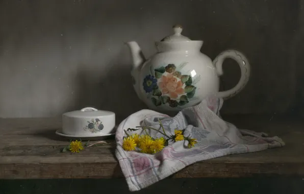 Flowers, tea, towel, kettle, still life, dandelions, oiler