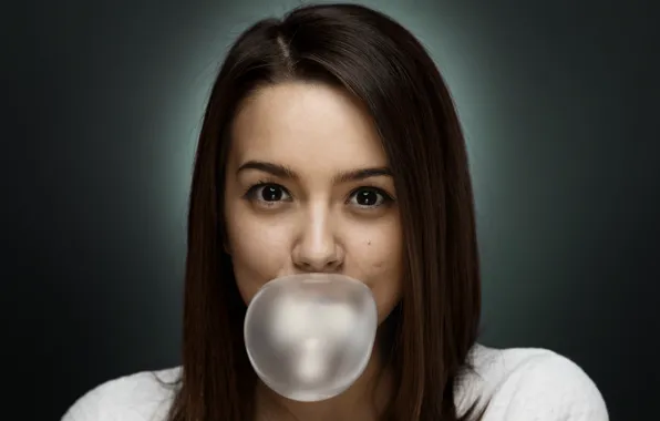 Eyes, girl, face, bubble, chewing gum