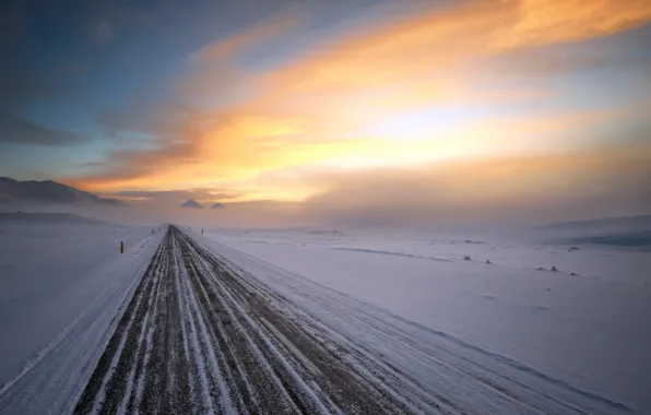 Winter, road, landscape, sunset