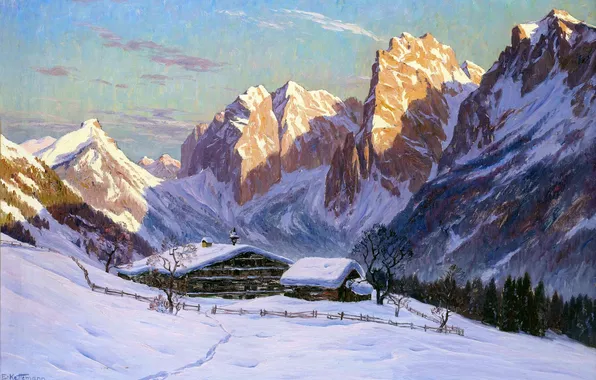 Home, Winter, Mountains, Trees, Snow, Picture, German artist, Erwin Kettemann