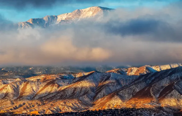 Clouds, light, snow, mountains, fog, rocks, the slopes, view