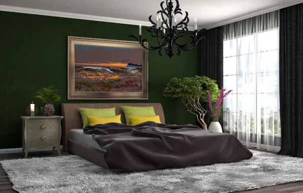 Style, bed, interior, chair, chandelier, blind, bedroom