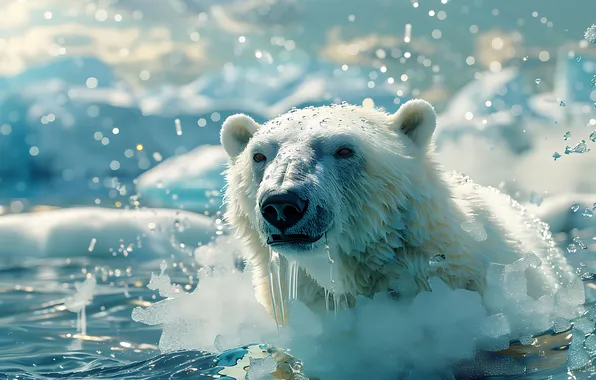 Picture Water, Look, Ice, Bear, Face, Predator, Polar bear, Digital art