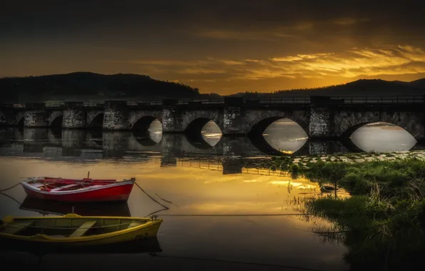 Night, bridge, river, boats
