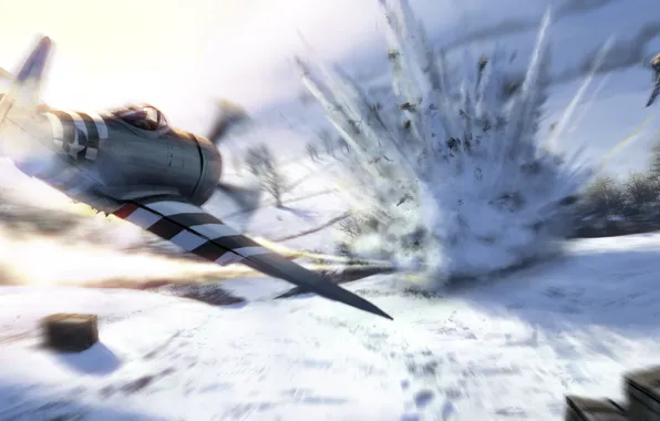 Winter, field, snow, trees, the explosion, attack, figure, art