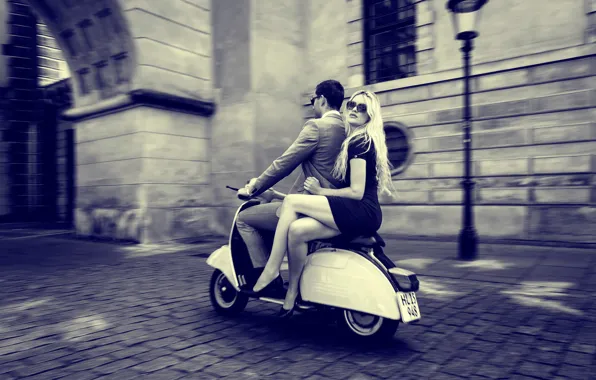 Girl, the city, guy, vintage, retro, vespa, scooter