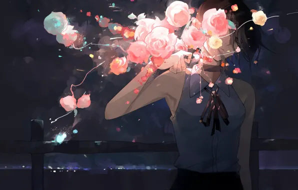 Girl, flowers, night, Chainsaw Man, Pray