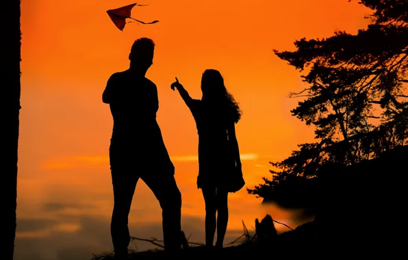 Girl, sunset, guy, silhouettes