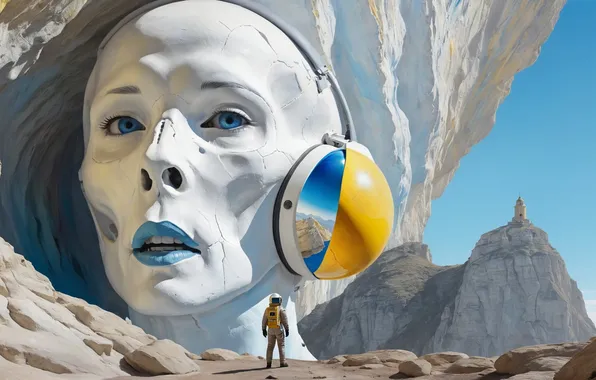 Mountains, face, astronaut, the suit, sculpture