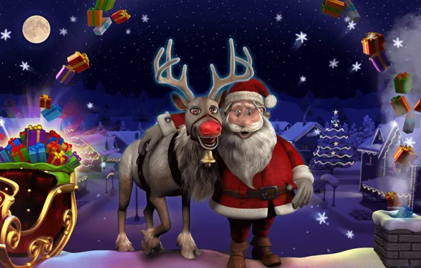 Winter, lights, holiday, deer, art, New year, sleigh, Santa Claus