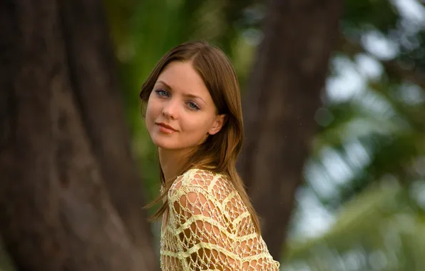 Greens, forest, look, girl, smile, foliage, brown hair, blouse
