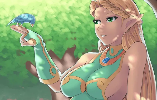 Forest, chest, girl, bird, blonde, elf, blonde, elf