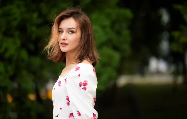 Look, trees, model, portrait, makeup, dress, hairstyle, brown hair