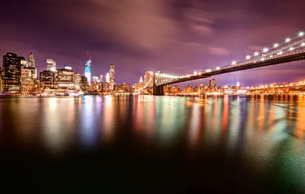 The sky, clouds, light, reflection, night, bridge, the city, lights