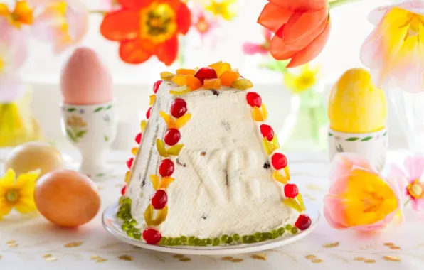 Picture eggs, Easter, tulips, cake, candied, cheese