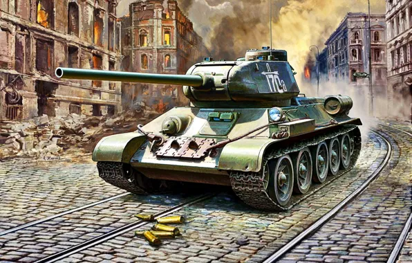 Sleeve, tram tracks, T-34/85, The Red Army, WWII, the ruins of the house, 4th GW.MAF, …