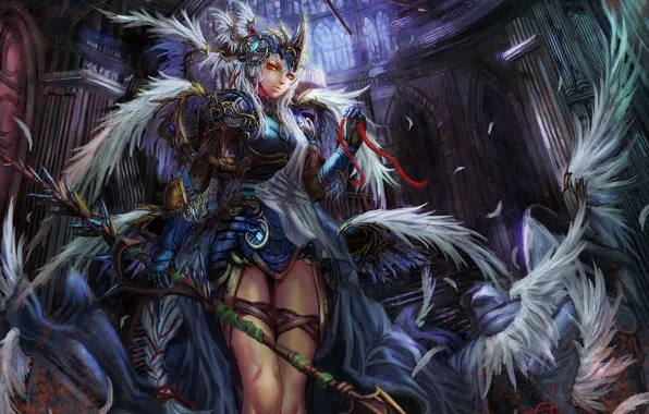 Girl, weapons, wings, armor, feathers, Valkyria Chronicles, Valkyrie, looking at the viewer