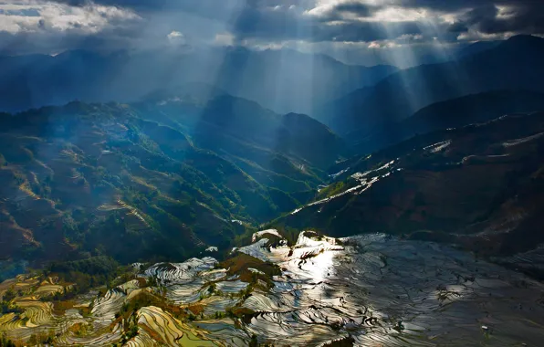 Rays, mountains, China, terrace, rice fields, Yuanyang County