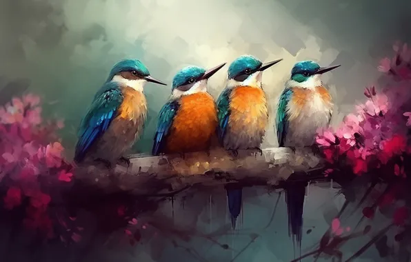 Flowers, birds, bird, together, branch, pink, painting, strokes