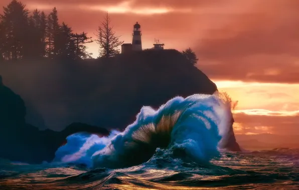 Picture sea, light, the ocean, rocks, shore, wave, lighthouse