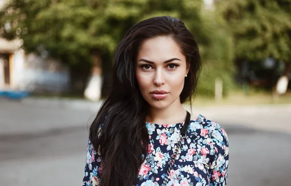 Picture look, trees, background, street, portrait, makeup, dress, piercing