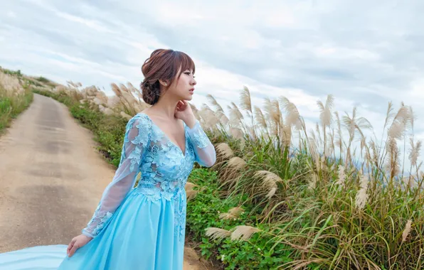 Picture girl, Asian, the wind, face, dress, hair