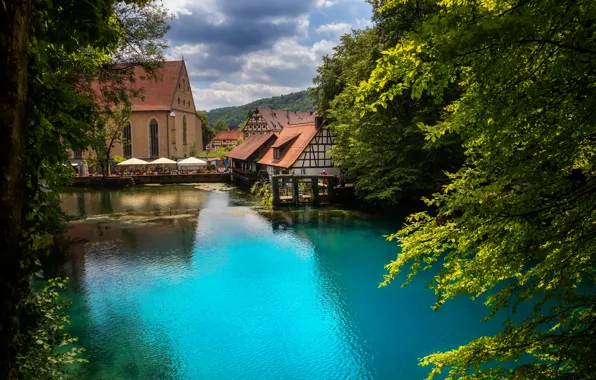 The sky, clouds, trees, landscape, nature, river, home, Germany