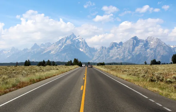 Picture road, under, gray asphalt, leading to mountains, cumulus clouds