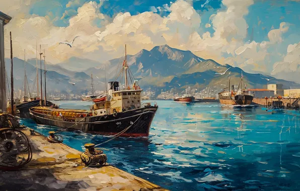Mountains, ship, ships, picture, port, painting, strokes, imitation painting