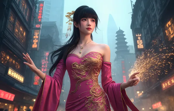 Look, girl, earrings, dress, hairstyle, Chinese, Asian, long hair