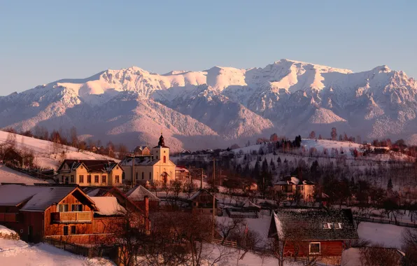 Picture winter, mountains, snow, village, sunlight, Romania, church, Brasov