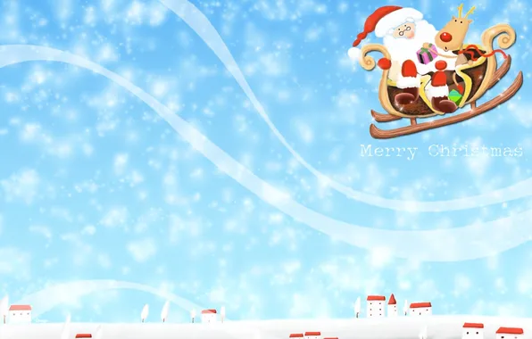 The sky, snow, snowflakes, home, deer, gifts, sleigh, Santa Claus